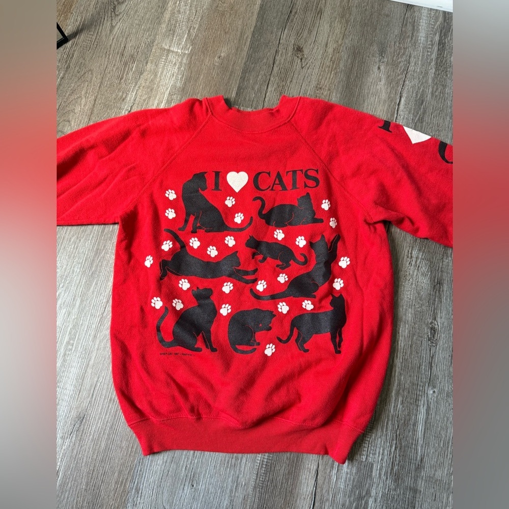 VTG I Love Cats Cat Lover Sweatshirt Crewneck Pullover Red Black Size S M - Picture 2 of 12